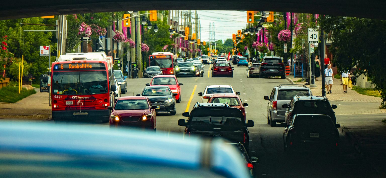 Traffic along Bank Street with buses stuck behind parked cars